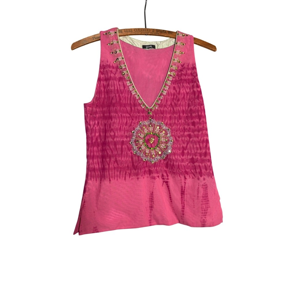 Yank Womens M Pink Tie Dye Mesh Beaded V-Neck Sleeveless Top Festival Hippie